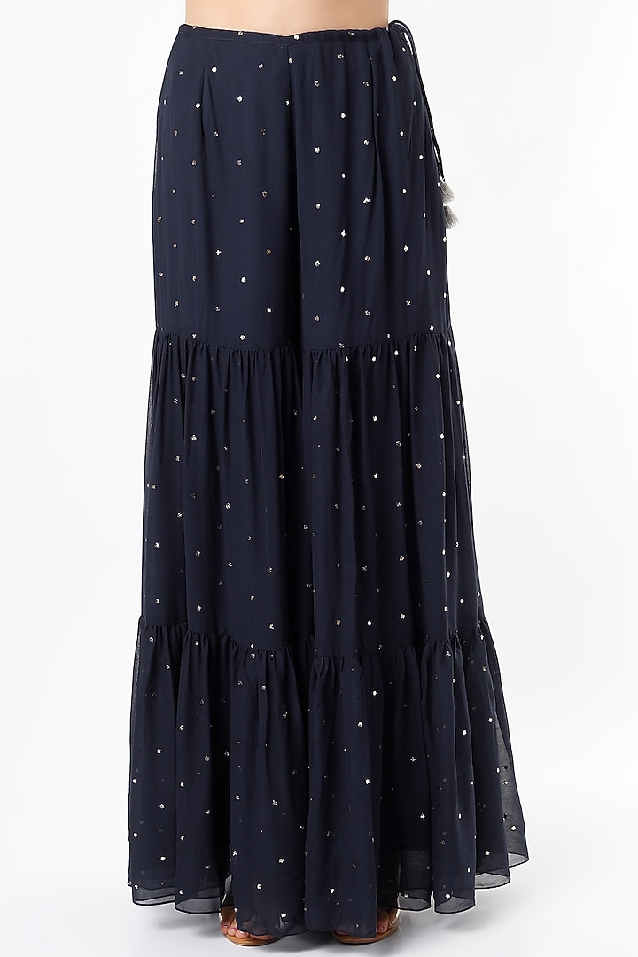 Dark Navy Blue Mukaish Georgette Bridal Sharara Set by Payal Singhal at Pernia's Pop Up Shop