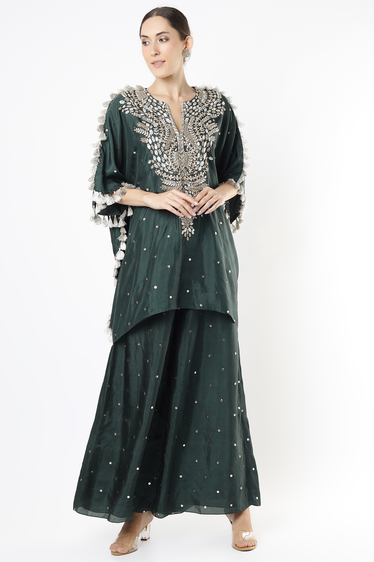 Emerald Green Embroidered Kaftan Set by Payal Singhal at Pernia's Pop Up Shop