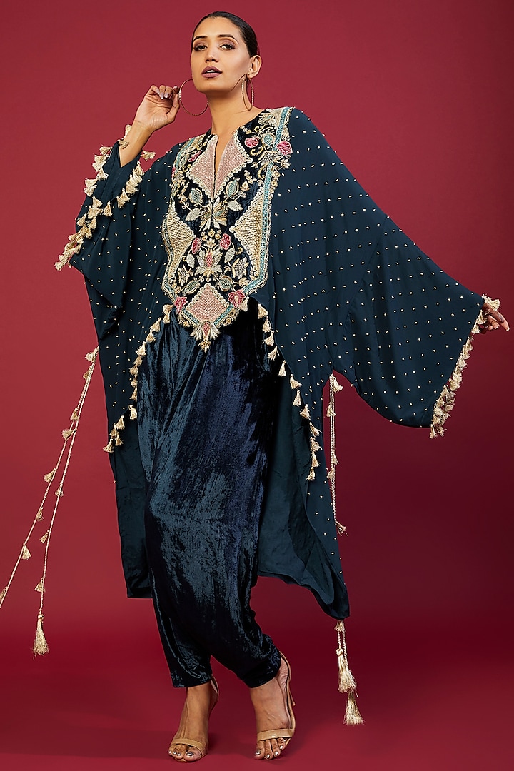 Navy Blue Crepe Embroidered Kaftan Set by Payal Singhal