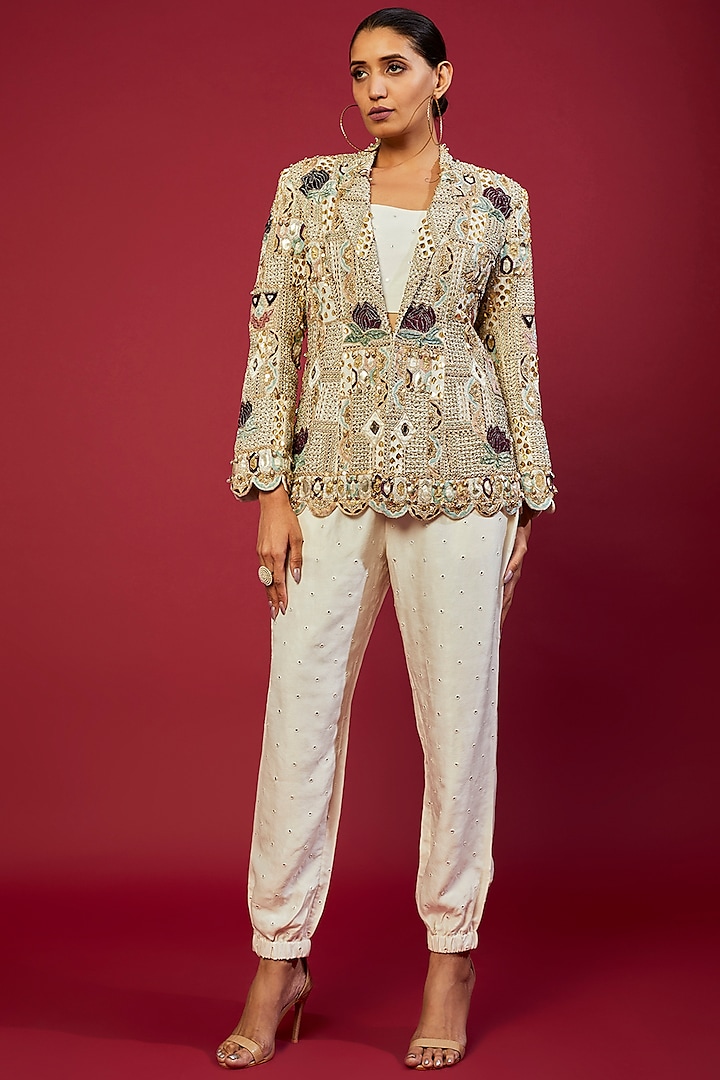 Off-White Georgette Embroidered Blazer Set by Payal Singhal