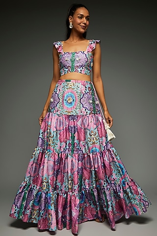 Multi-Colored Silk Printed Skirt Set by Payal Singhal