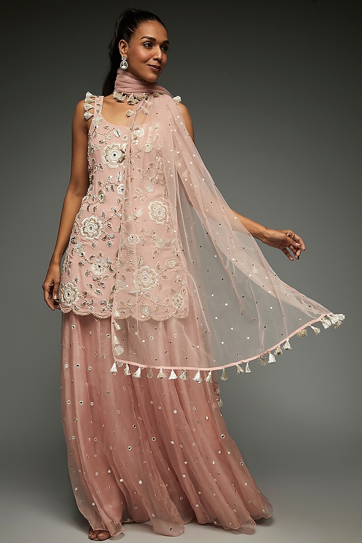 Champagne Pink Organza Sharara Set by Payal Singhal at Pernia's Pop Up Shop