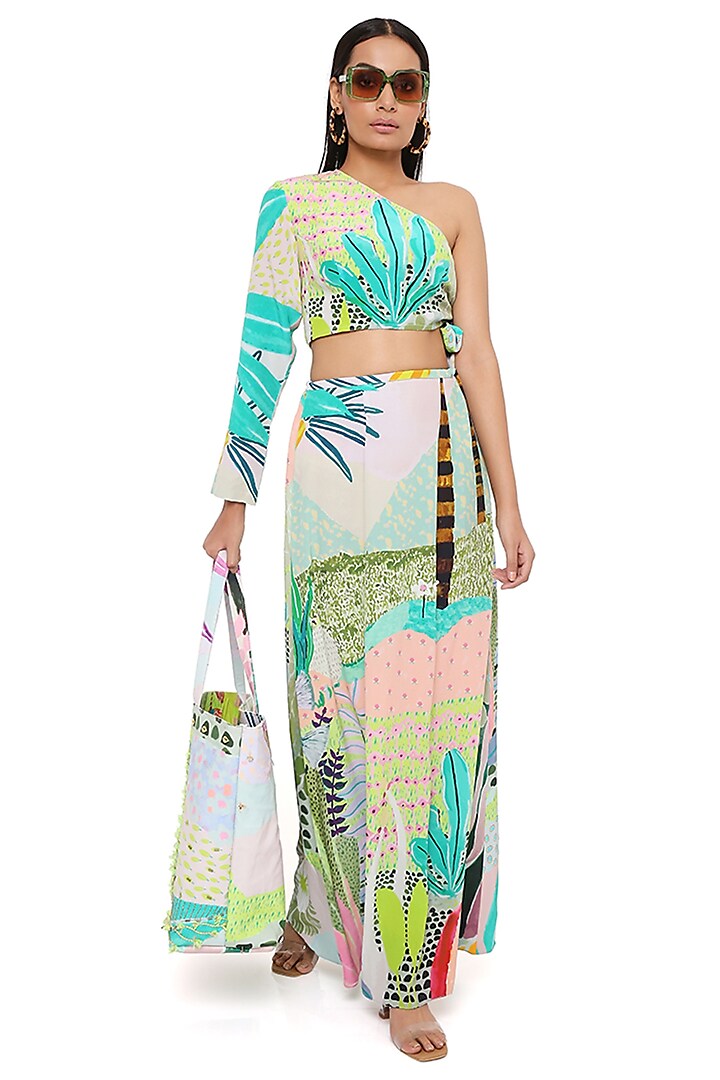 Green Crepe Printed Skirt Set by PS Pret by Payal Singhal