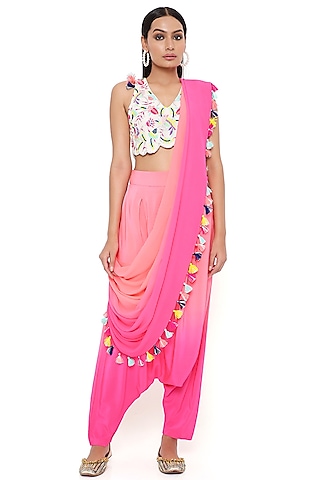 Coral & Pink Georgette Dhoti Pant Saree Set by Payal Singhal