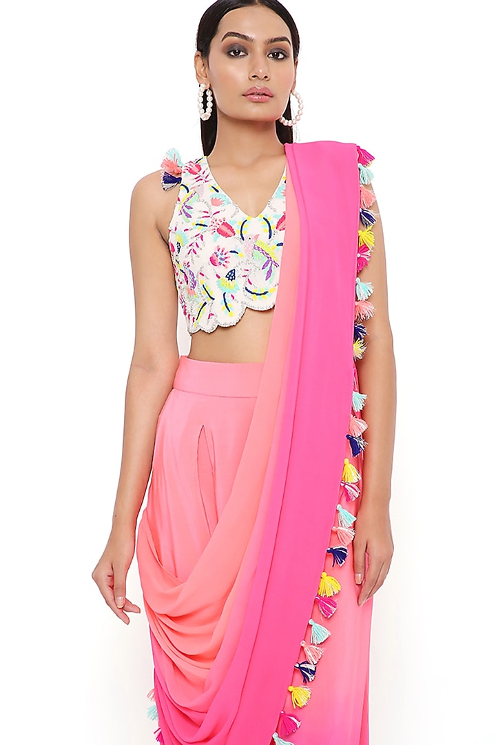 Coral & Pink Georgette Dhoti Pant Wedding Saree Set by Payal Singhal at Pernia's Pop Up Shop