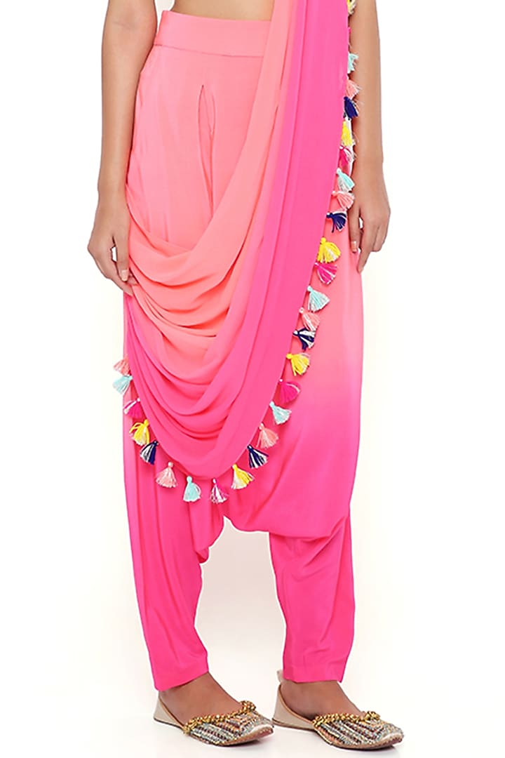 Coral & Pink Georgette Dhoti Pant Wedding Saree Set by Payal Singhal at Pernia's Pop Up Shop
