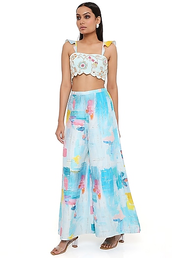 Aqua Dupion Silk Printed Palazzo Pant Set by Payal Singhal at Pernia's Pop Up Shop