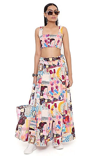 Peach Denim Printed Skirt Set by PS Pret by Payal Singhal at Pernia's Pop Up Shop
