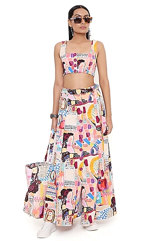 Peach Denim Printed Skirt Set by PS Pret by Payal Singhal