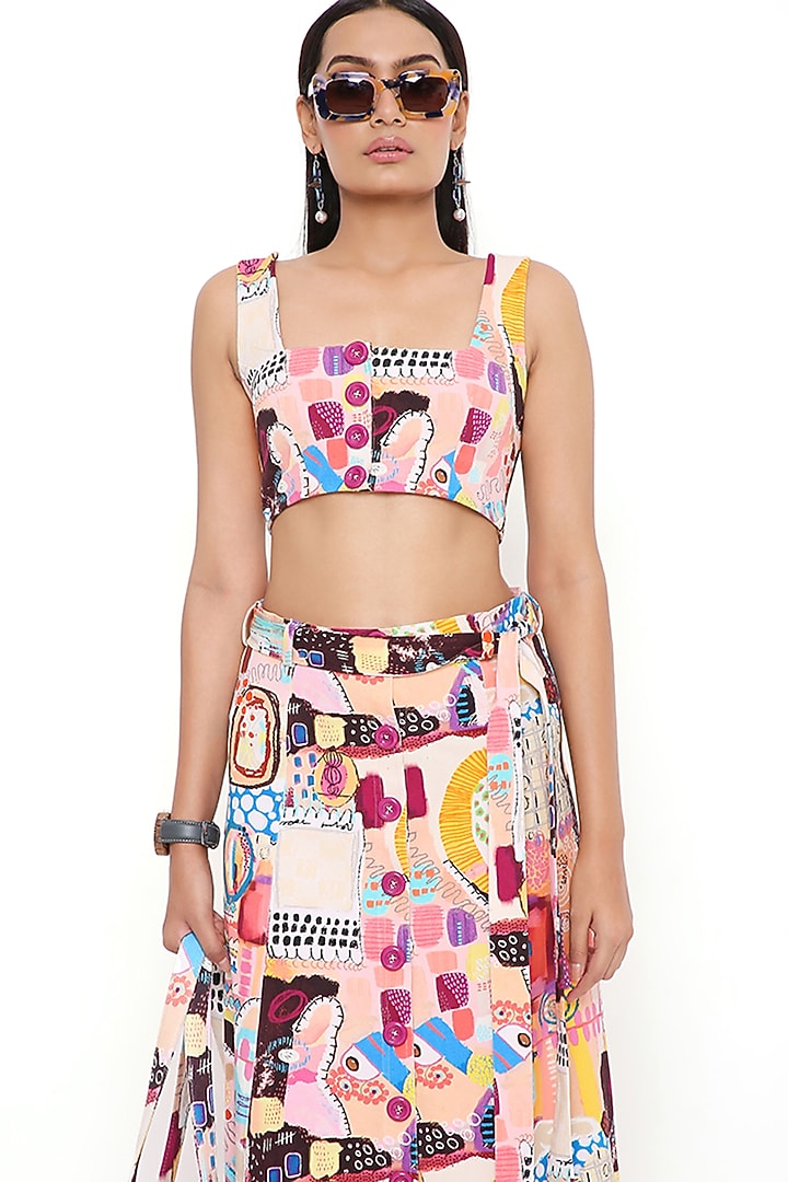 Peach Denim Printed Skirt Set by PS Pret by Payal Singhal at Pernia's Pop Up Shop
