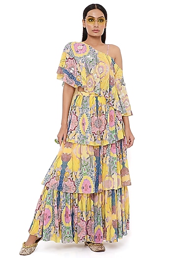 Yellow Georgette Printed Wedding Sharara Set by Payal Singhal at Pernia's Pop Up Shop