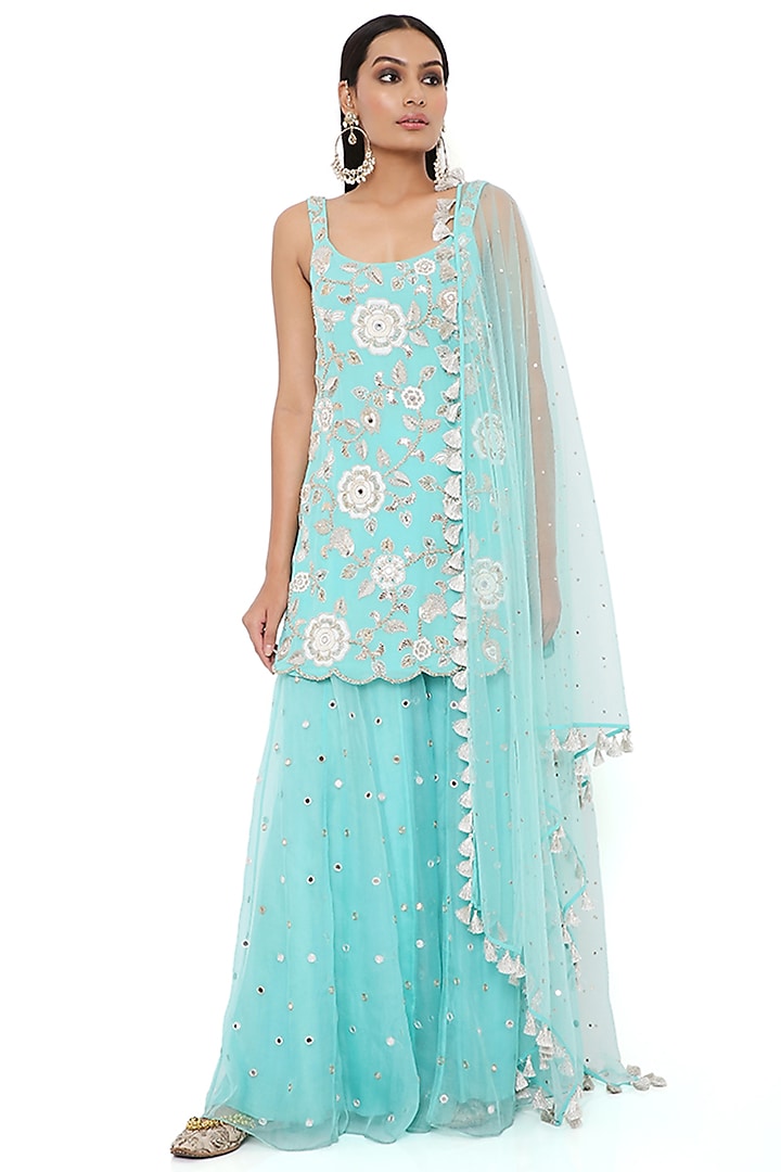 Aqua Organza Sharara Set by Payal Singhal at Pernia's Pop Up Shop