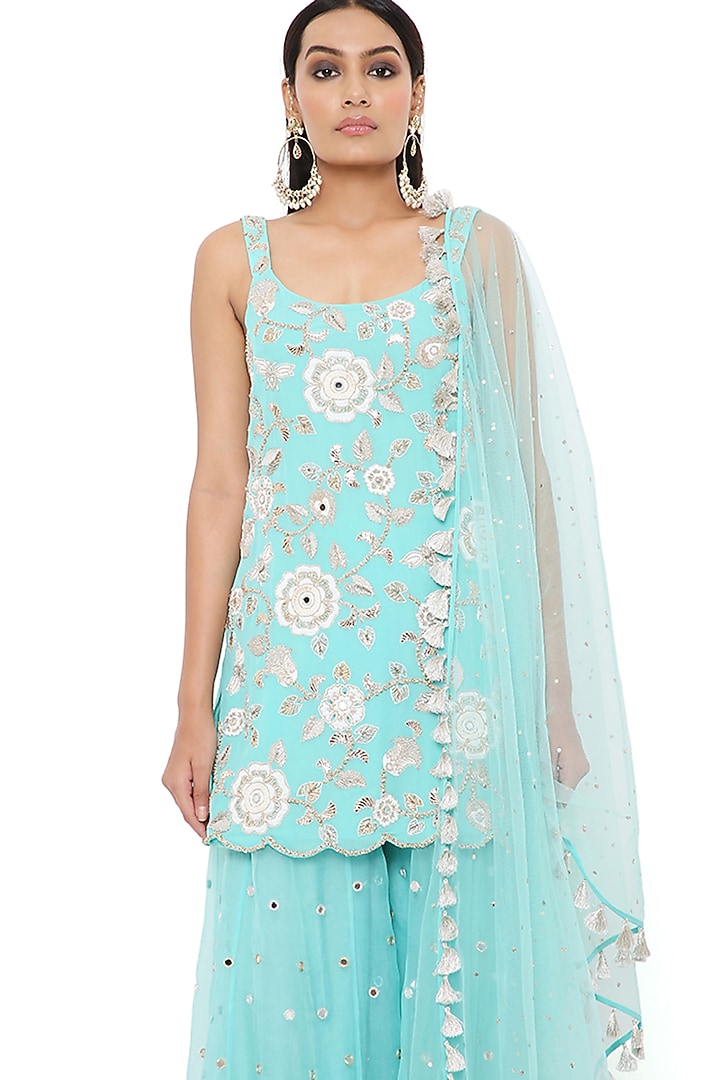 Aqua Organza Bridal Sharara Set by Payal Singhal at Pernia's Pop Up Shop