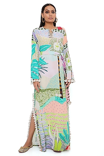 Green Crepe Printed Kaftan With Belt by PS Pret by Payal Singhal at Pernia's Pop Up Shop