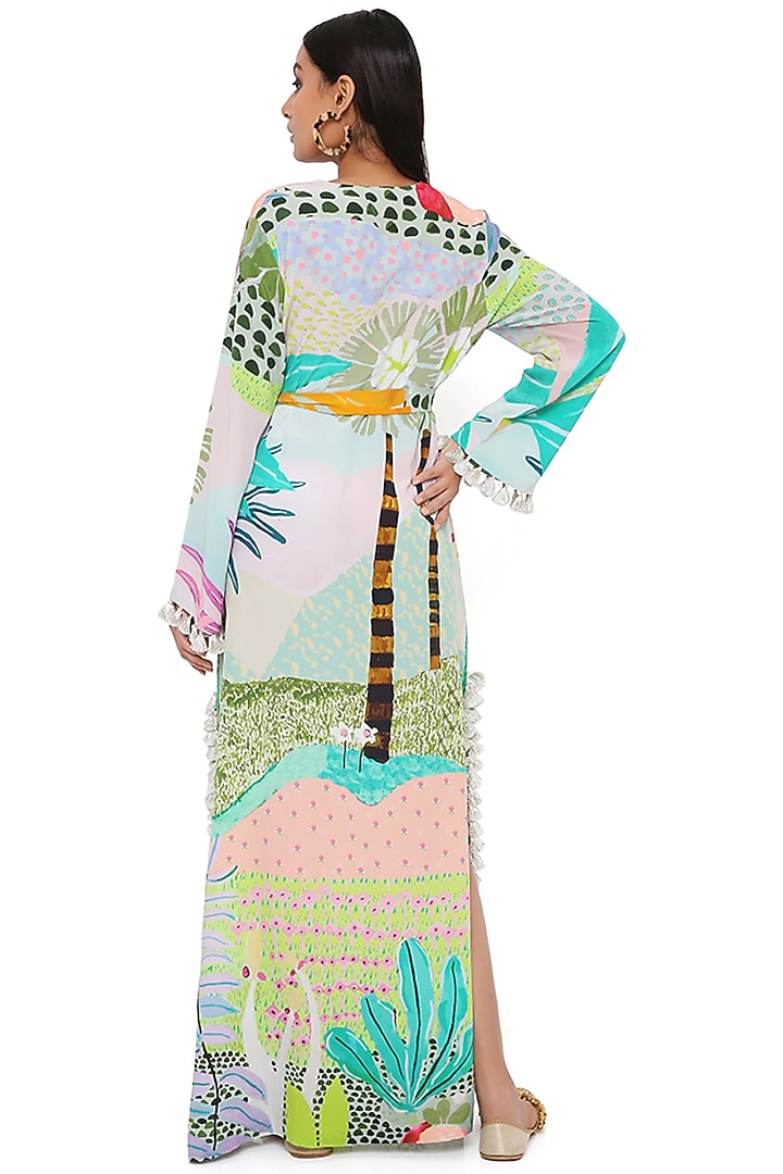 Green Crepe Printed Kaftan With Belt by PS Pret by Payal Singhal at Pernia's Pop Up Shop