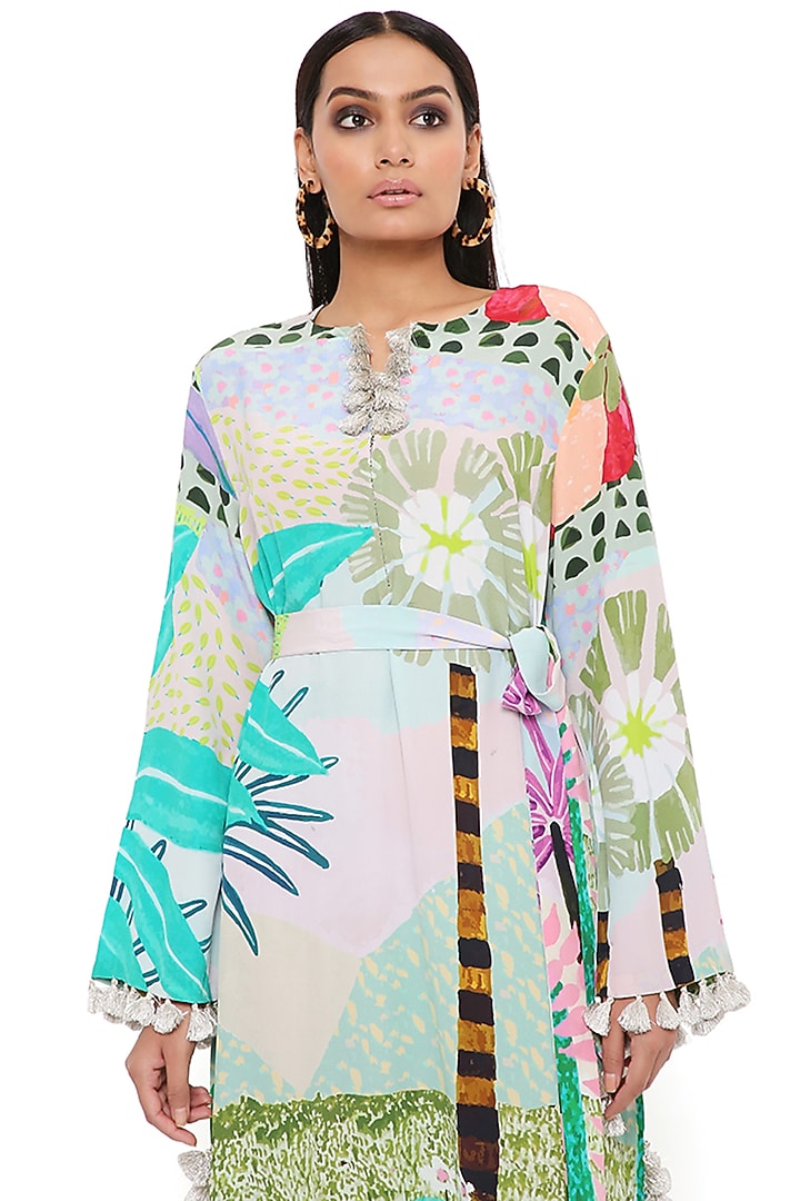 Green Crepe Printed Kaftan With Belt by PS Pret by Payal Singhal at Pernia's Pop Up Shop