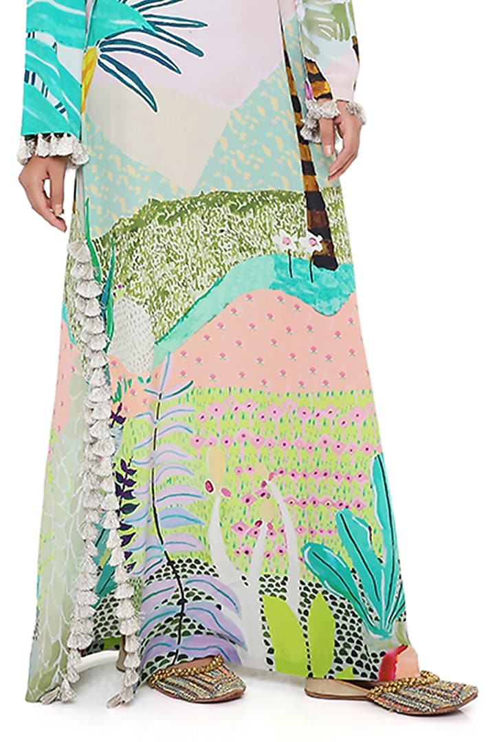 Green Crepe Printed Kaftan With Belt by PS Pret by Payal Singhal at Pernia's Pop Up Shop