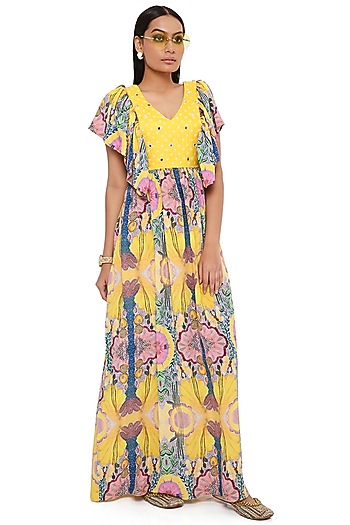 Yellow Printed & Embroidered Cocktail Dress by Payal Singhal at Pernia's Pop Up Shop