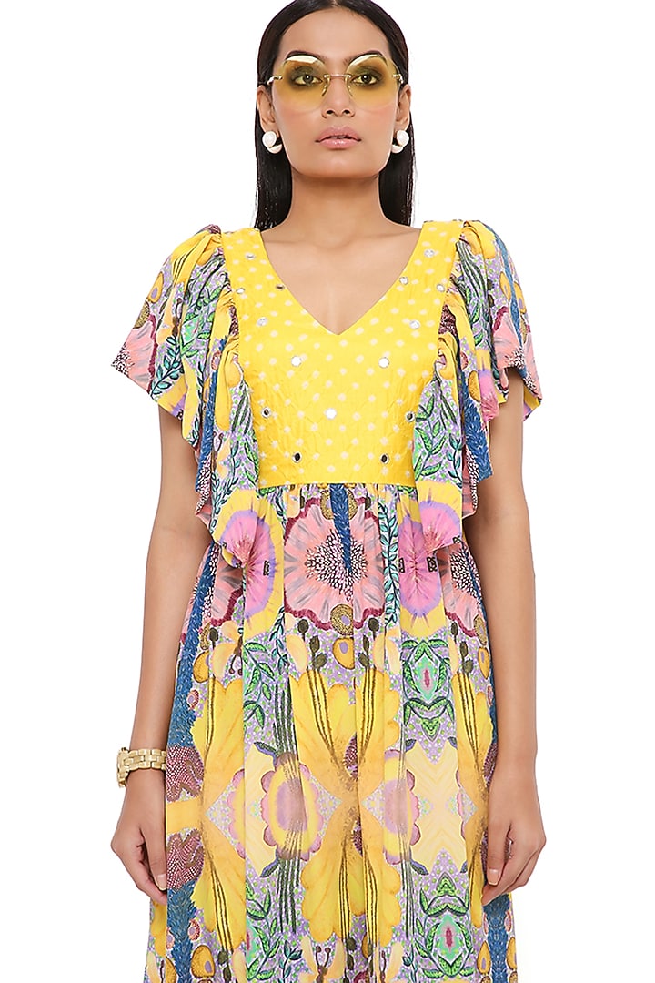 Yellow Printed & Embroidered Cocktail Dress by Payal Singhal at Pernia's Pop Up Shop