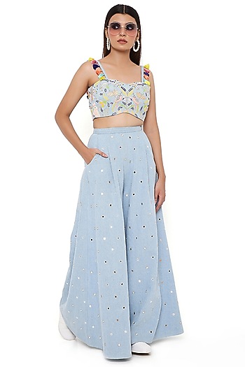 Blue Denim Flared Pant Set by Payal Singhal at Pernia's Pop Up Shop