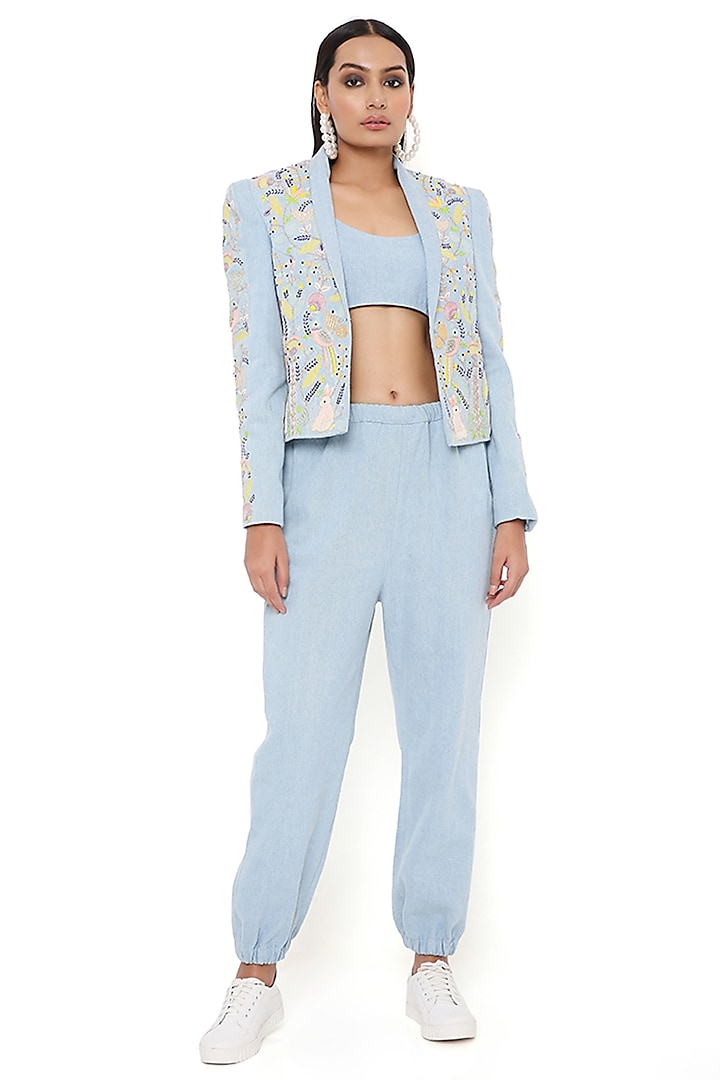 Blue Denim Embroidered Jacket Set by Payal Singhal at Pernia's Pop Up Shop