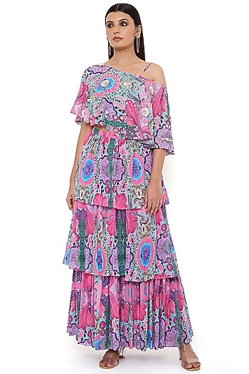 Pink Georgette Embroidered & Printed One-Shoulder Cape Set by Payal Singhal at Pernia's Pop Up Shop
