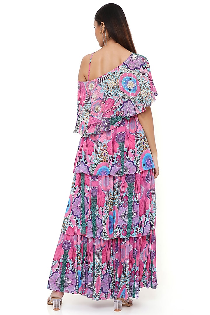 Pink Georgette Embroidered & Printed One-Shoulder Cape Set by Payal Singhal at Pernia's Pop Up Shop