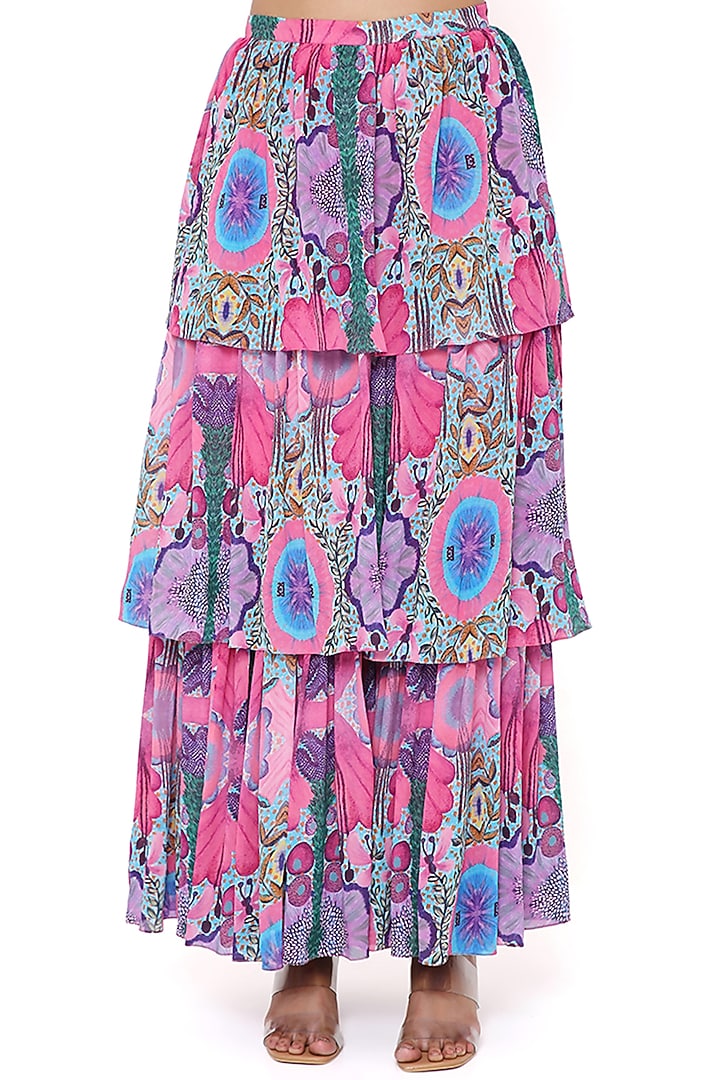 Pink Georgette Embroidered & Printed One-Shoulder Cape Set by Payal Singhal at Pernia's Pop Up Shop