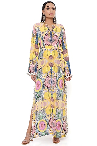 Yellow Crepe Printed Kaftan by PS Pret by Payal Singhal