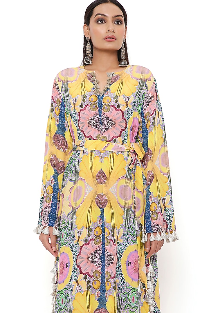 Yellow Crepe Printed Kaftan by PS Pret by Payal Singhal at Pernia's Pop Up Shop