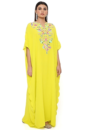 Lime Crepe Embroidered Kaftan by Payal Singhal at Pernia's Pop Up Shop