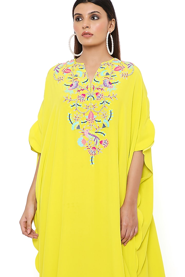 Lime Crepe Embroidered Kaftan by Payal Singhal at Pernia's Pop Up Shop