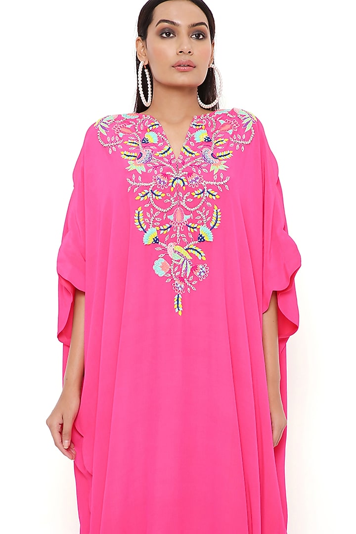 Pink Crepe Embroidered Kaftan by Payal Singhal at Pernia's Pop Up Shop