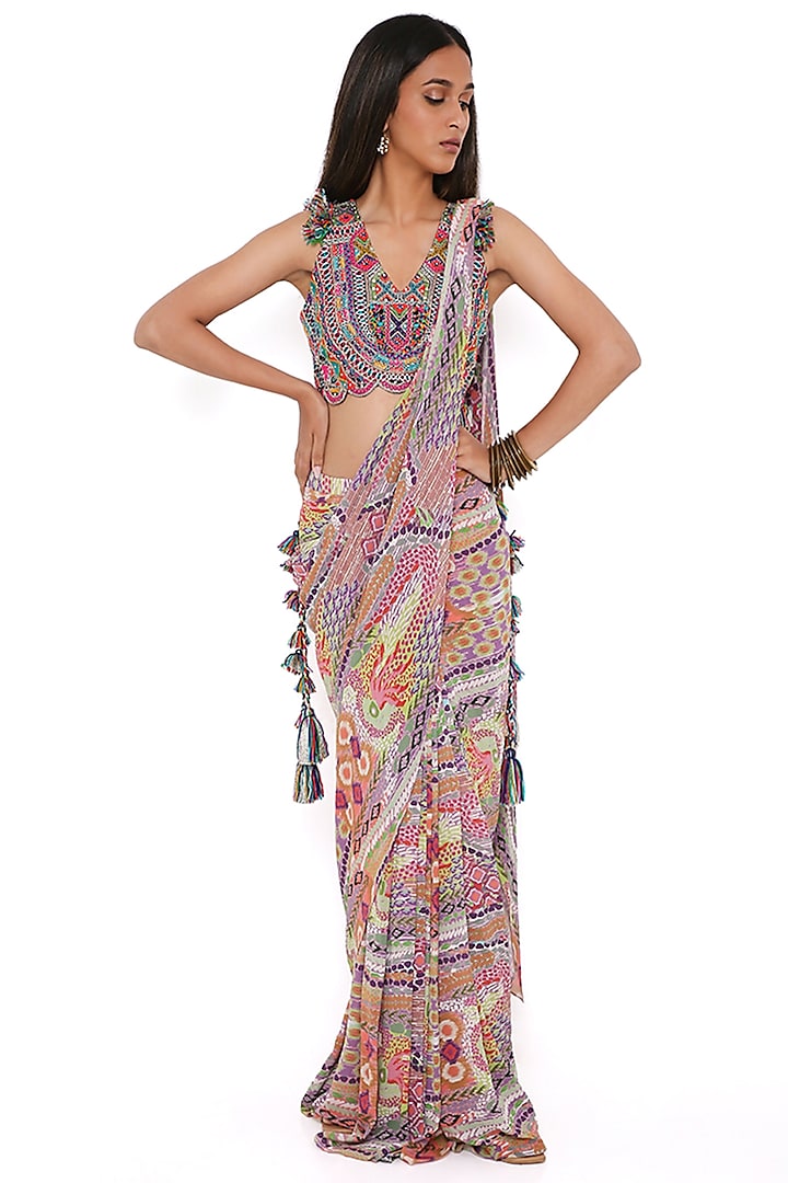 Purple Georgette Printed Pre-Stitched Saree Set by Payal Singhal
