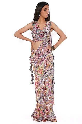 Purple Georgette Printed Pre-Stitched Saree Set by Payal Singhal