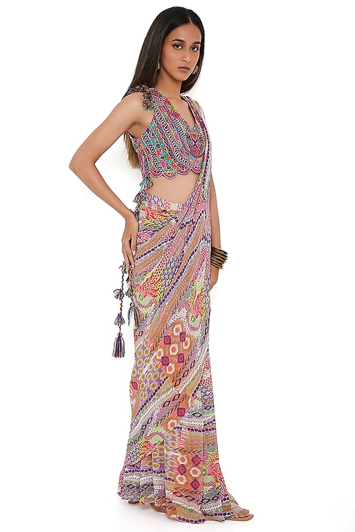 Purple Georgette Printed Pre-Stitched Wedding Saree Set by Payal Singhal at Pernia's Pop Up Shop