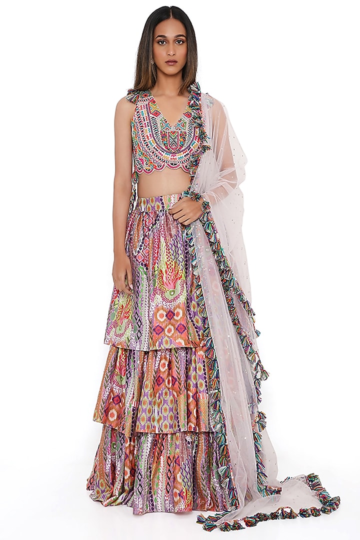 Multi-Colored Dupion Silk Ruffled Skirt Set by Payal Singhal