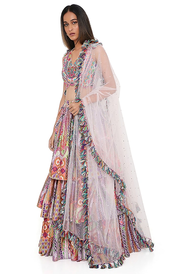 Multi-Colored Dupion Silk Ruffled Skirt Set by Payal Singhal at Pernia's Pop Up Shop