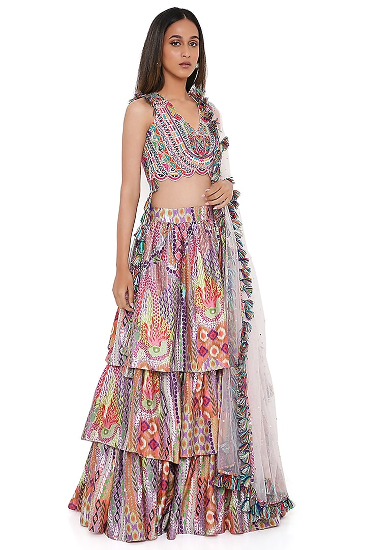 Multi-Colored Dupion Silk Ruffled Skirt Set by Payal Singhal at Pernia's Pop Up Shop