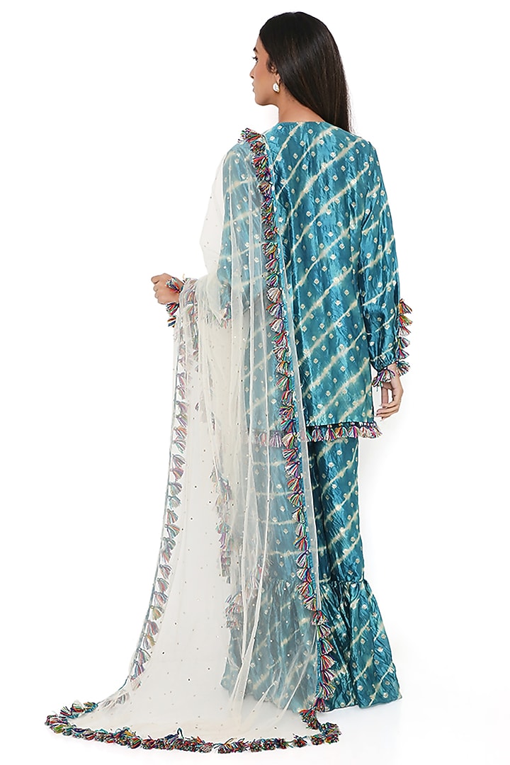 Aqua Silk Bandhani Leheriya Wedding Sharara Set by Payal Singhal at Pernia's Pop Up Shop