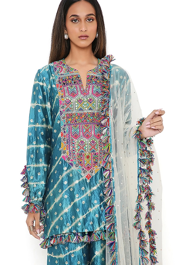 Aqua Silk Bandhani Leheriya Wedding Sharara Set by Payal Singhal at Pernia's Pop Up Shop