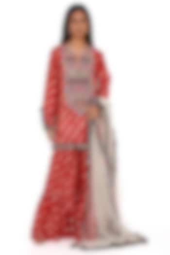 Red Silk Bandhani Leheriya Sharara Set by Payal Singhal