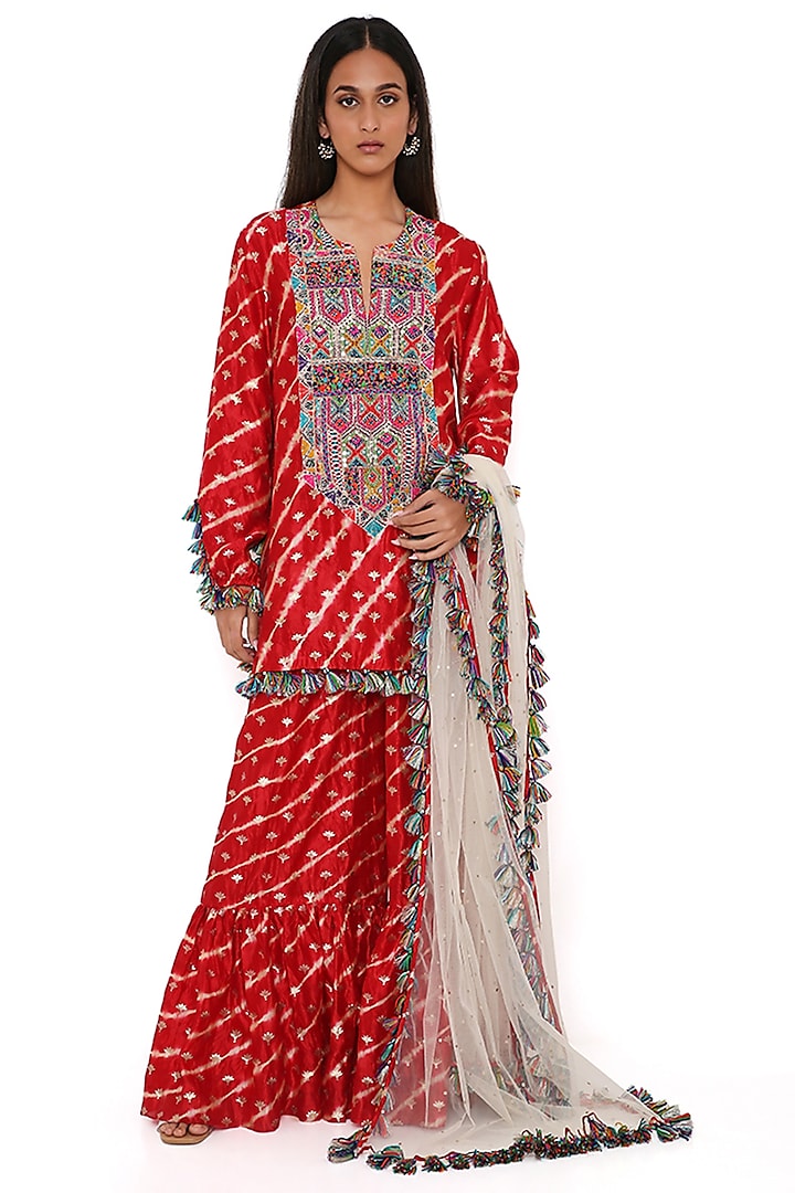 Red Silk Bandhani Leheriya Sharara Set by Payal Singhal