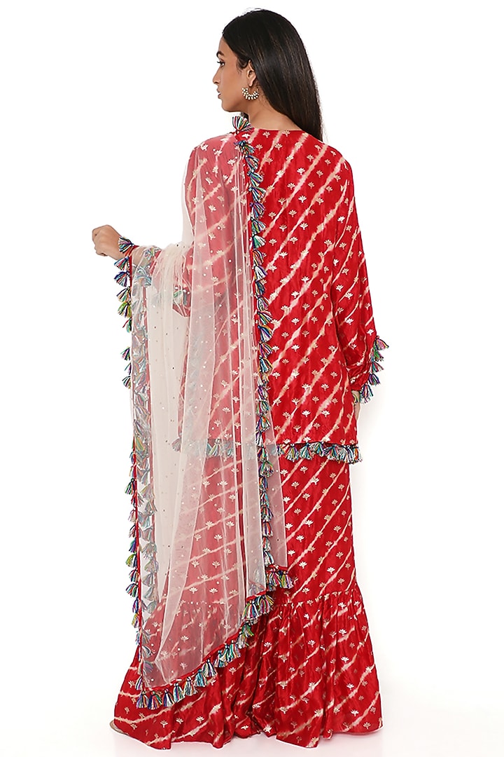 Red Silk Bandhani Leheriya Wedding Sharara Set by Payal Singhal at Pernia's Pop Up Shop