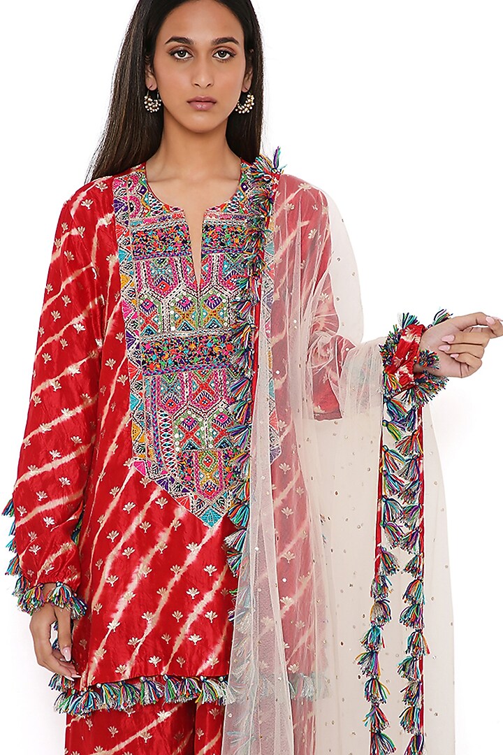 Red Silk Bandhani Leheriya Wedding Sharara Set by Payal Singhal at Pernia's Pop Up Shop