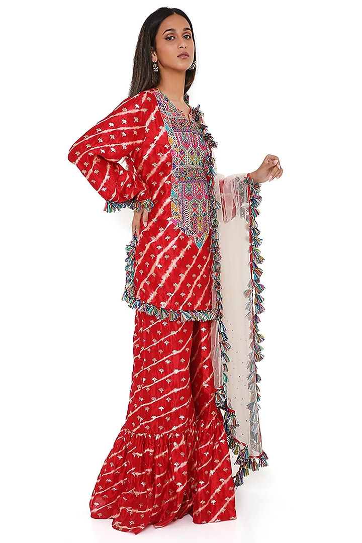 Red Silk Bandhani Leheriya Wedding Sharara Set by Payal Singhal at Pernia's Pop Up Shop