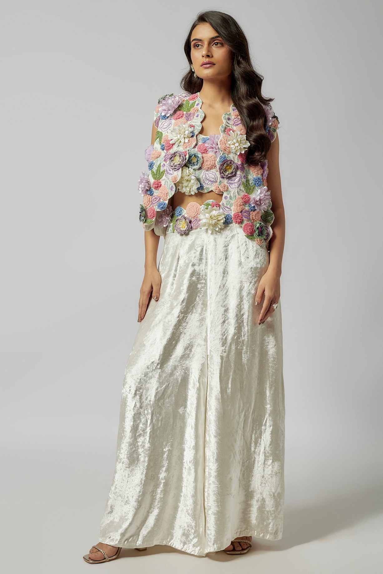 Off-White Georgette Hand Embroidered Jacket Set by Payal Singhal