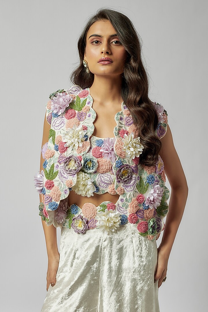 Off-White Georgette Hand Embroidered Jacket Set by Payal Singhal at Pernia's Pop Up Shop