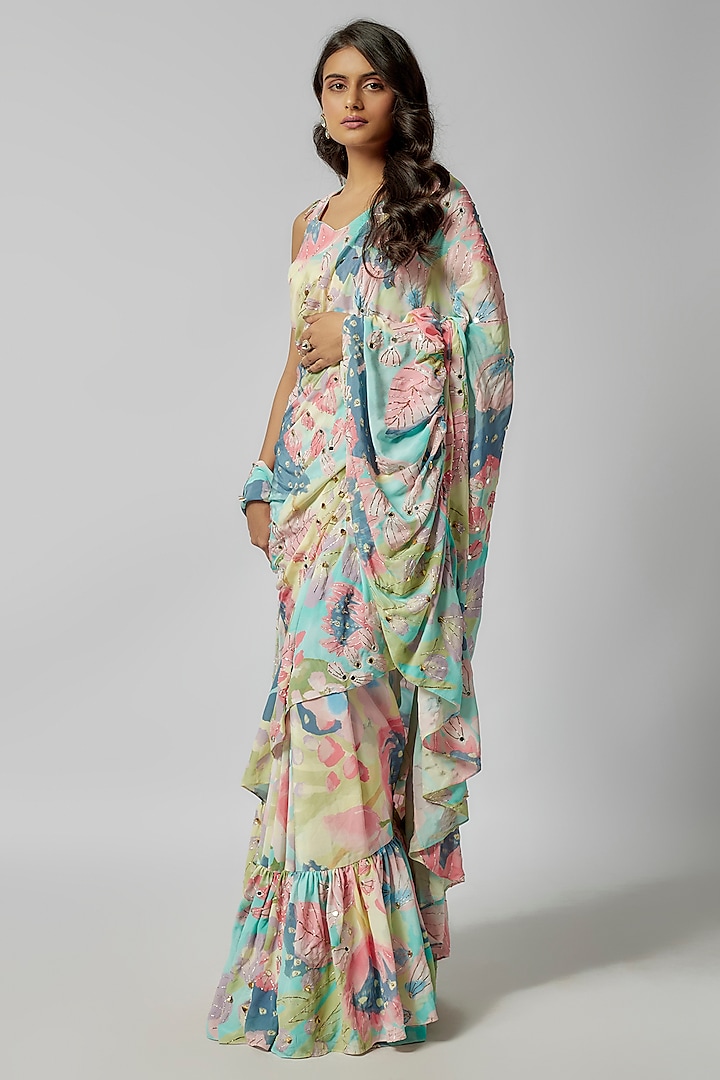 Multi-Colored Crepe Euphoria Digital Printed Pre-Stitched Frilled Saree Set by Payal Singhal
