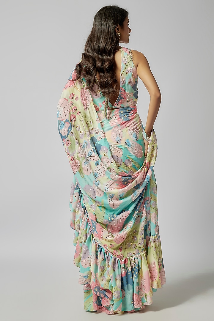 Multi-Colored Crepe Euphoria Digital Printed Pre-Stitched Frilled Reception Saree Set by Payal Singhal at Pernia's Pop Up Shop